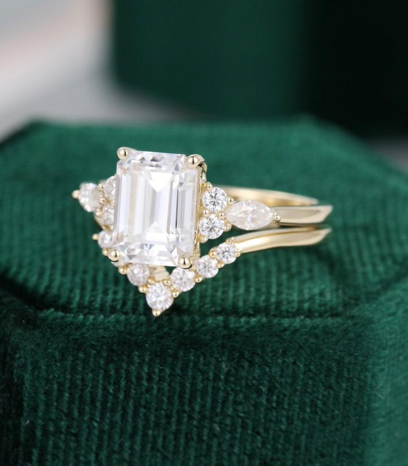 Emerald Cut Moissanite Engagement Ring Art Deco Engagement | Etsy