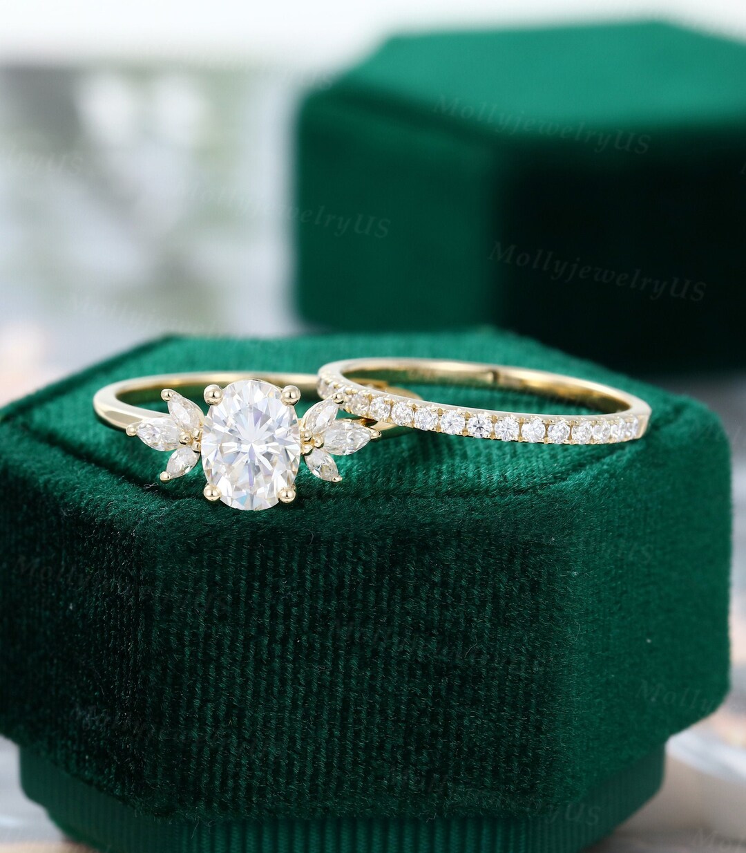 Oval Moissanite Engagement Ring Set Vintage Unique Yellow Gold - Etsy