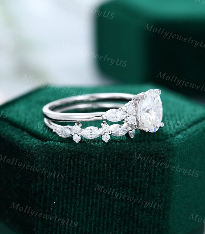 Oval Cut Moissanite Engagement Ring Set Vintage White Gold - Etsy