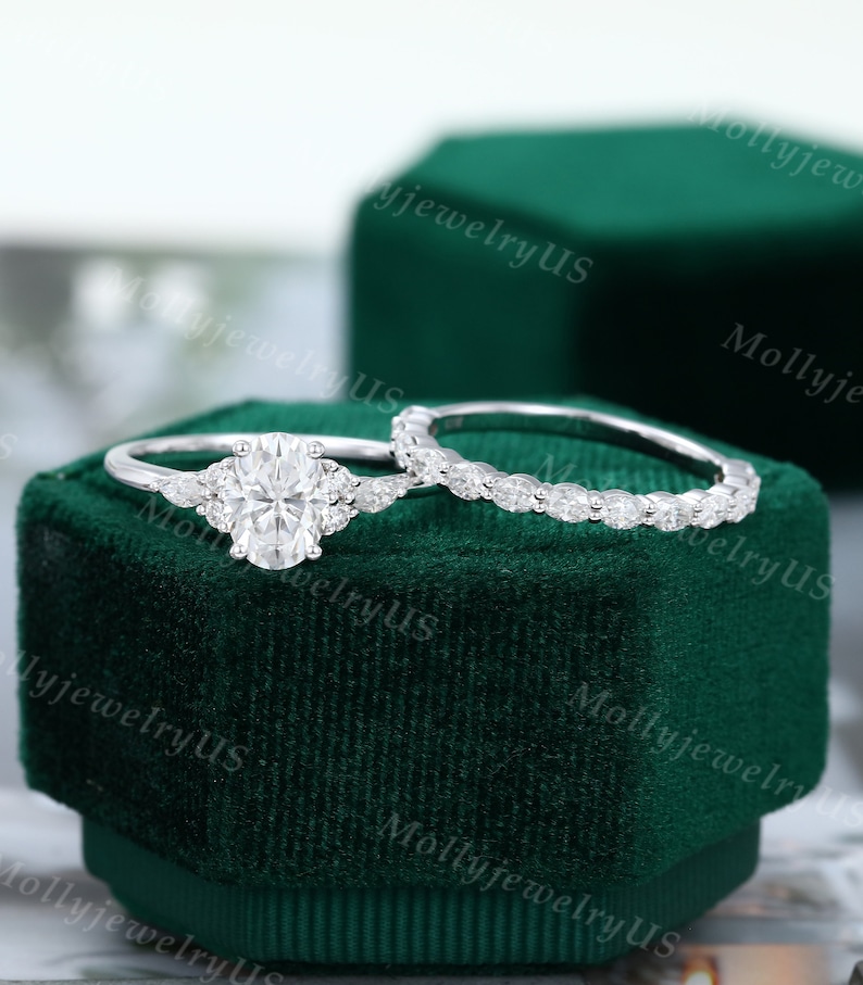 Oval Cut Moissanite Engagement Ring Set Vintage White Gold Unique ...