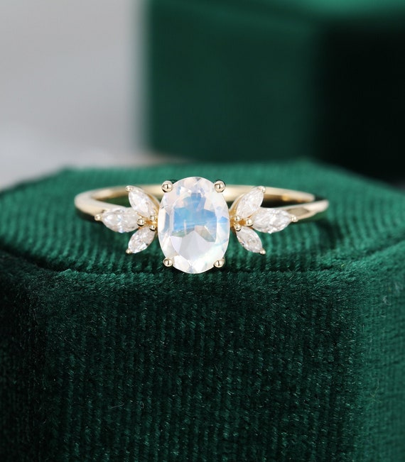 Oval Moonstone Engagement Ring Vintage Unique Yellow Gold