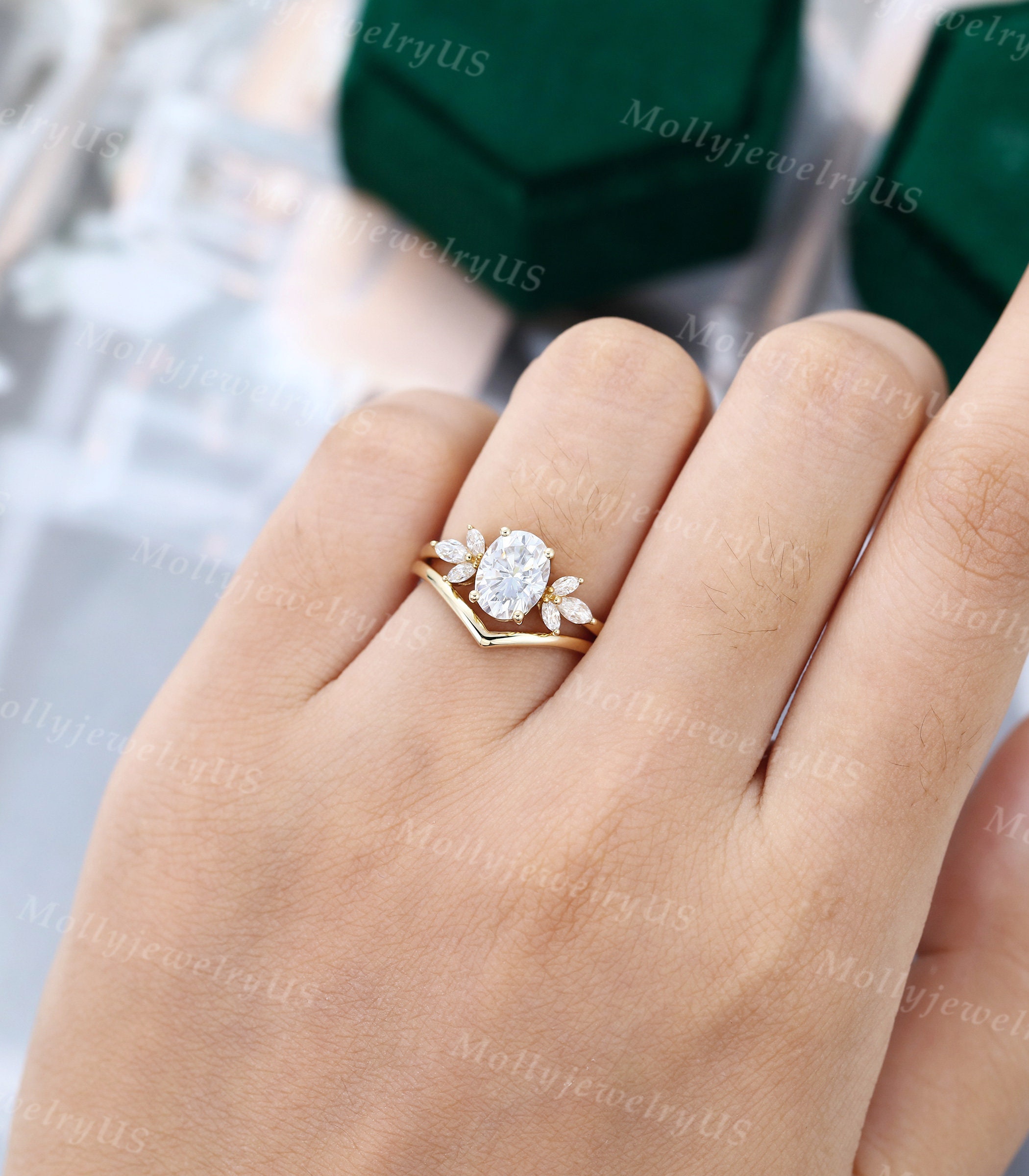 Oval Cut Moissanite Engagement Ring Set Vintage Unique Yellow | Etsy