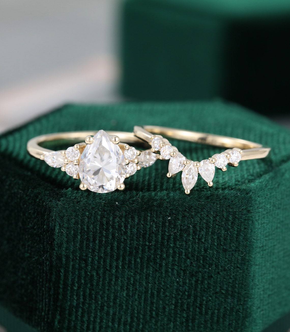 Pear shaped cut Moissanite engagement ring set vintage unique | Etsy