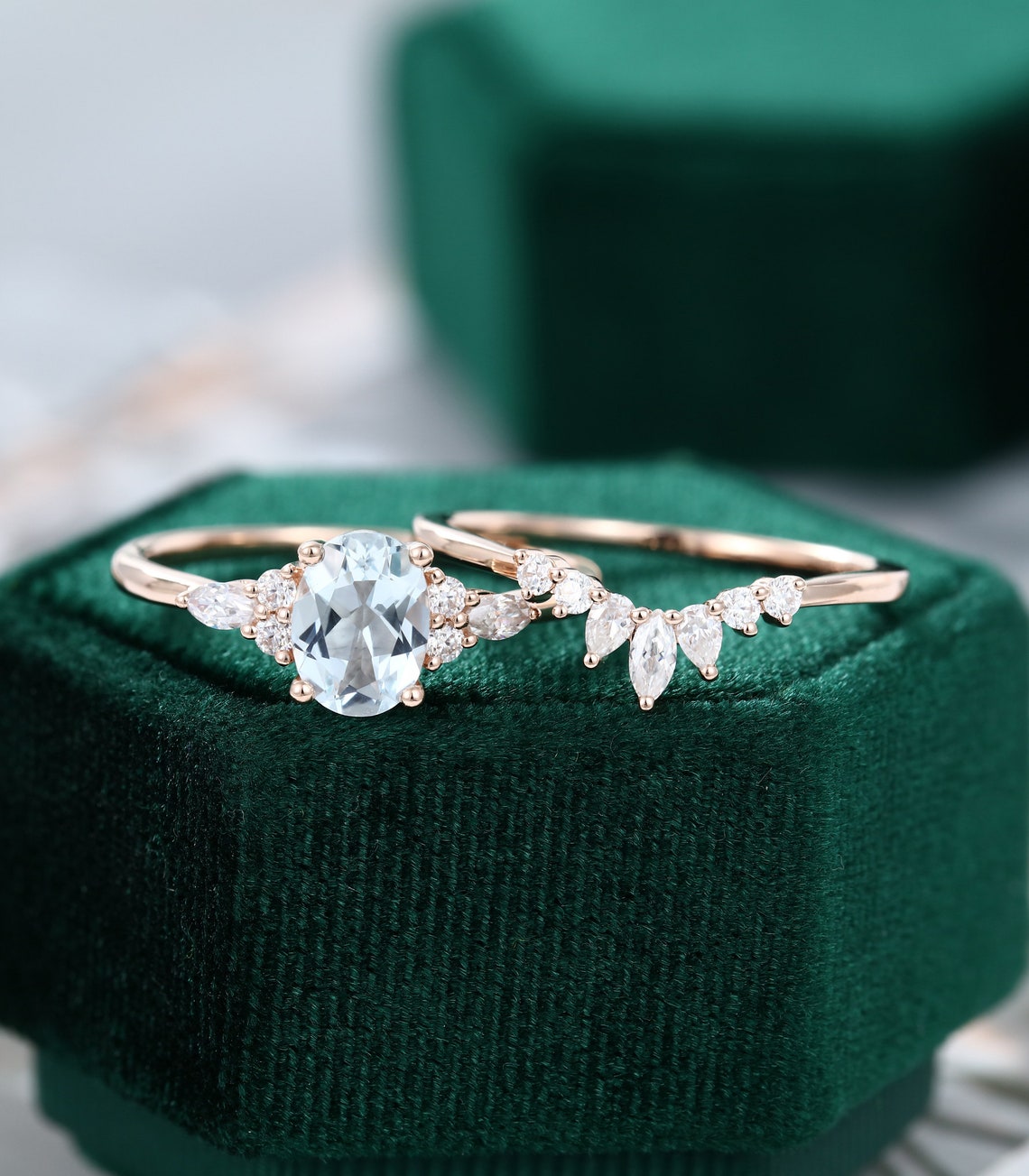 Oval cut Aquamarine engagement ring set vintage rose gold ring | Etsy