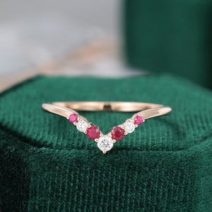 Curved wedding band vintage Unique Rose gold Diamond wedding band women Chevron Ruby Bridal Stacking ring Matching promise gift for her