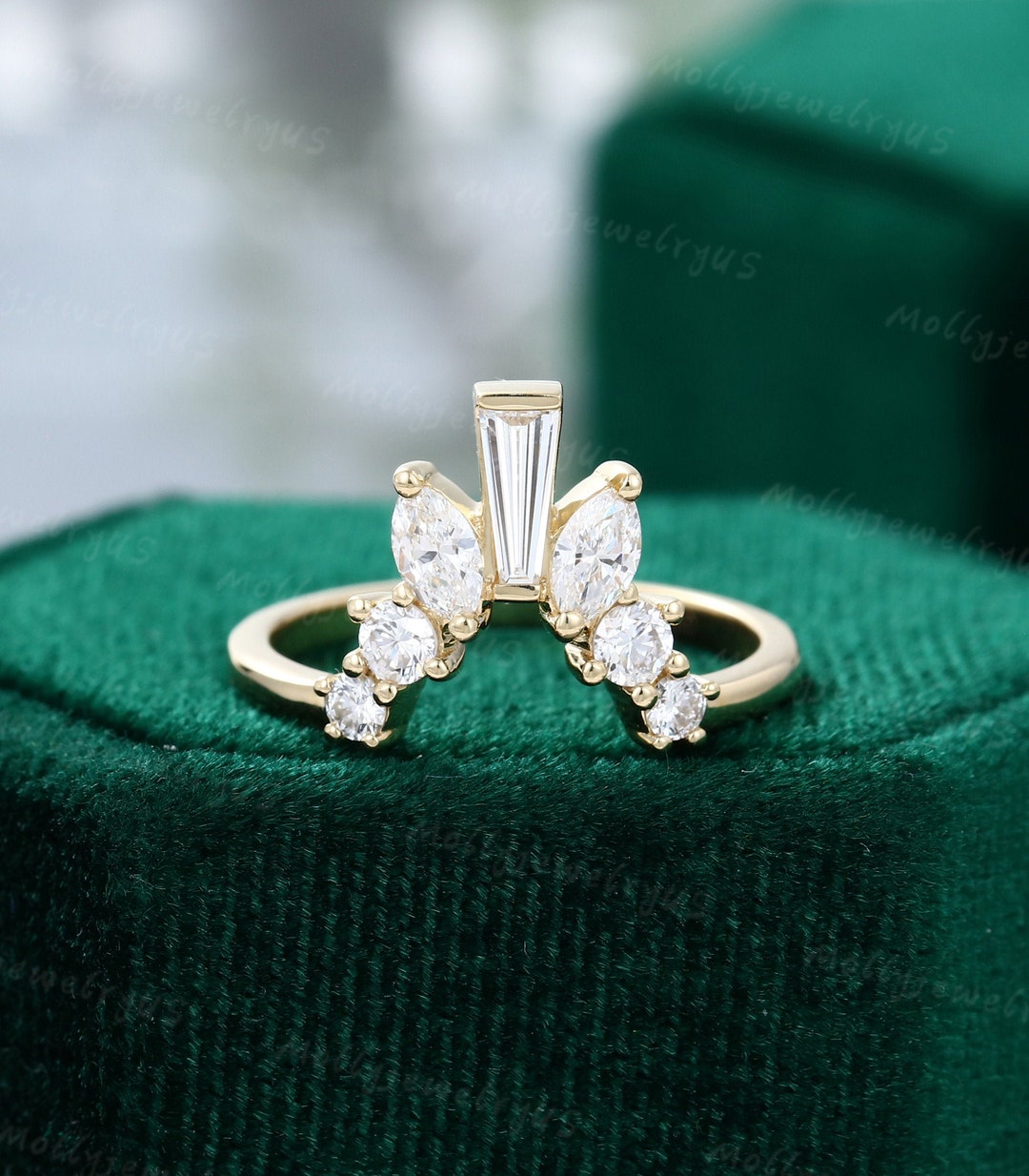 Curved Wedding Band Women Vintage Baguette Yellow Gold Moissanite ...