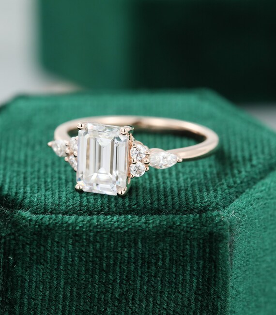 Emerald cut Black Rdutilated engagement ring vintage CZ diamond Cluster Rose gold engagement Bridal anniversary gift for women.gift for her