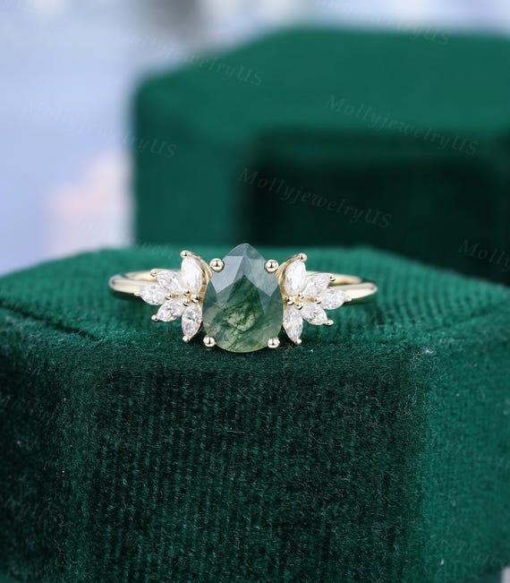 Pear Shaped Moss Agate Engagement Ring Vintage Yellow Gold Ring