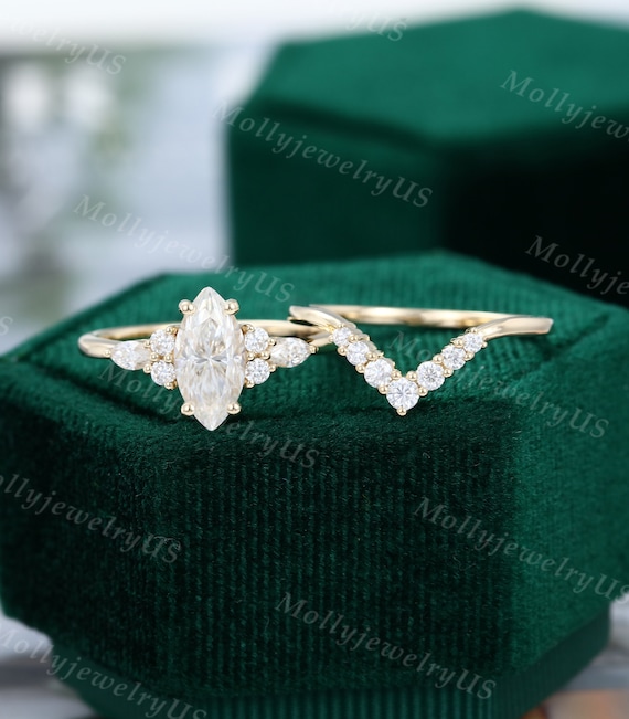 Marquise Cut Moissanite Engagement Ring Set Vintage Bridal Set