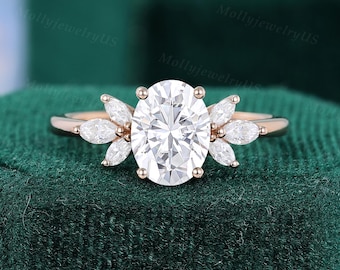 Anello di fidanzamento ovale con moissanite vintage, anello con diamanti taglio marquise, anello in oro rosa, anello di fidanzamento, anello nuziale, anello per anniversario