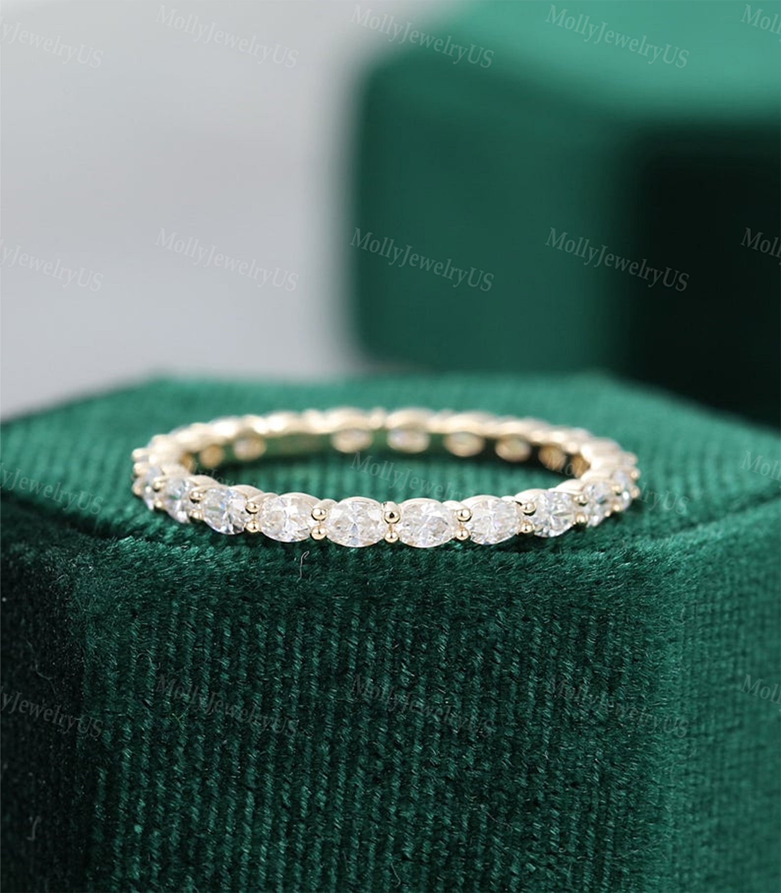 Moissanite Wedding Band Women Unique Oval Cut Yellow Gold Full Eternity ...