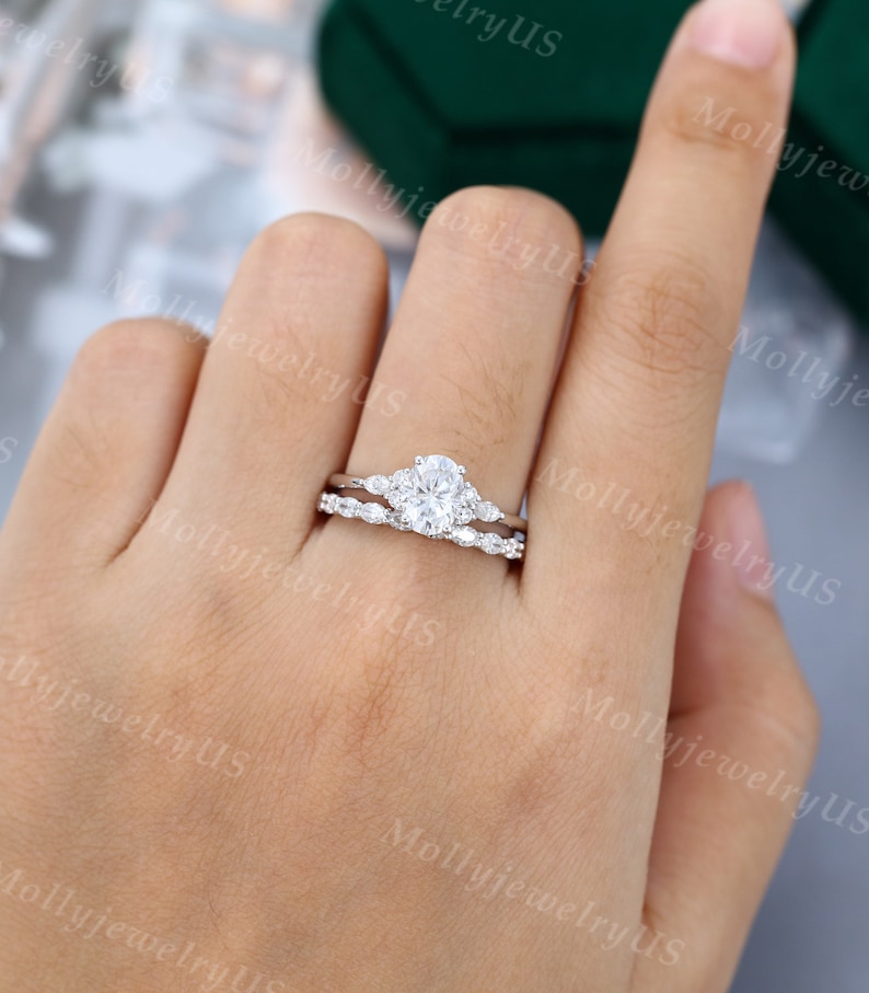 Oval Cut Moissanite Engagement Ring Set Vintage White Gold Unique ...