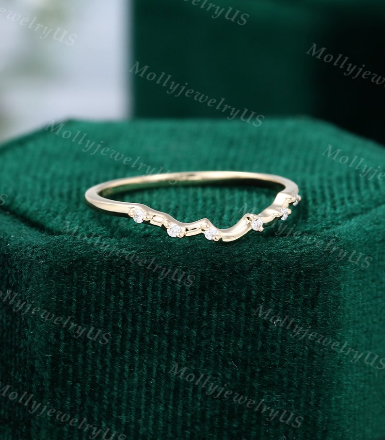 Curved Wedding Band Women Vintage Solid 14K Yellow Gold Diamond Branch ...