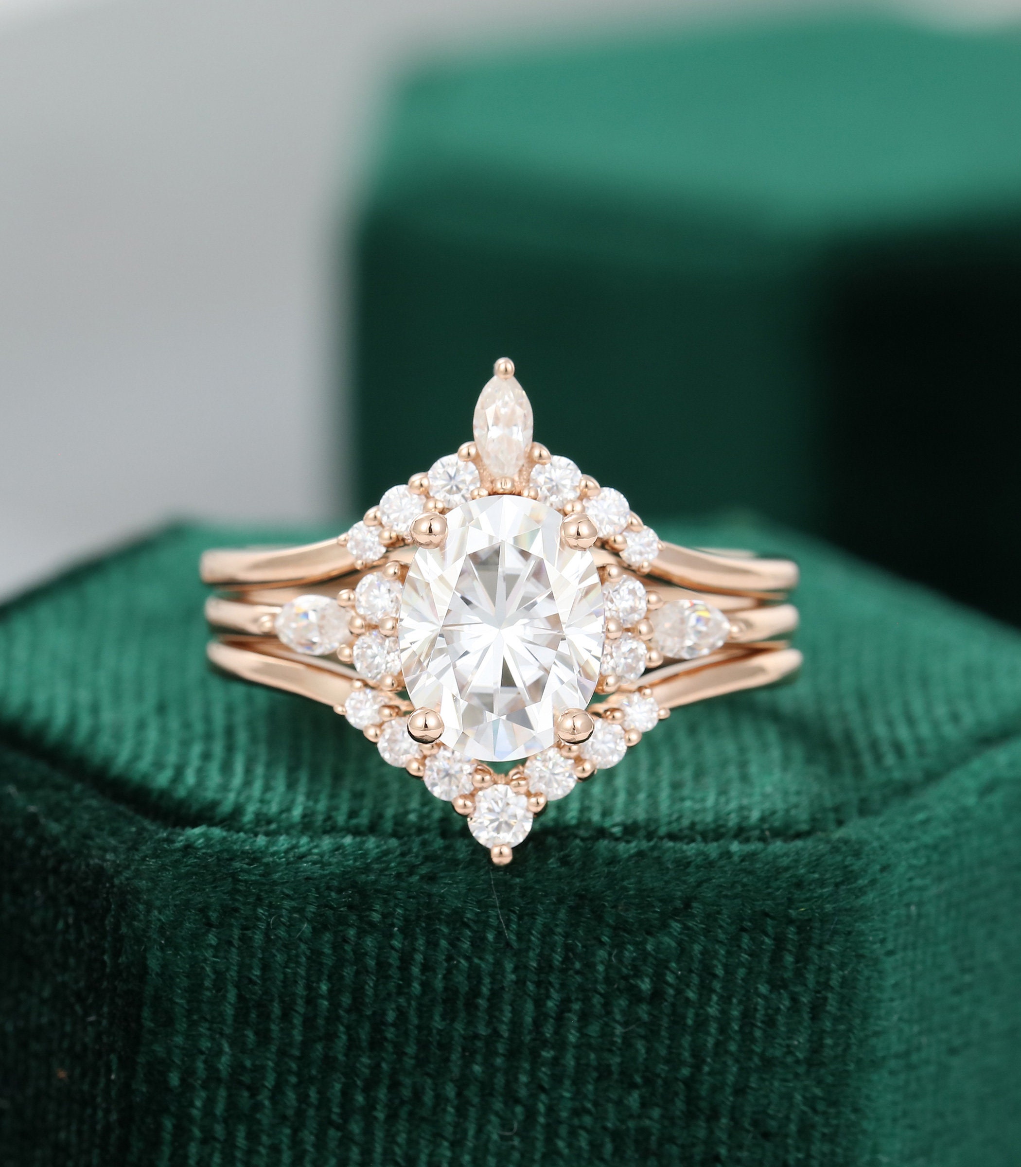 3pcs Oval Moissanite engagement ring set vintage unique rose | Etsy