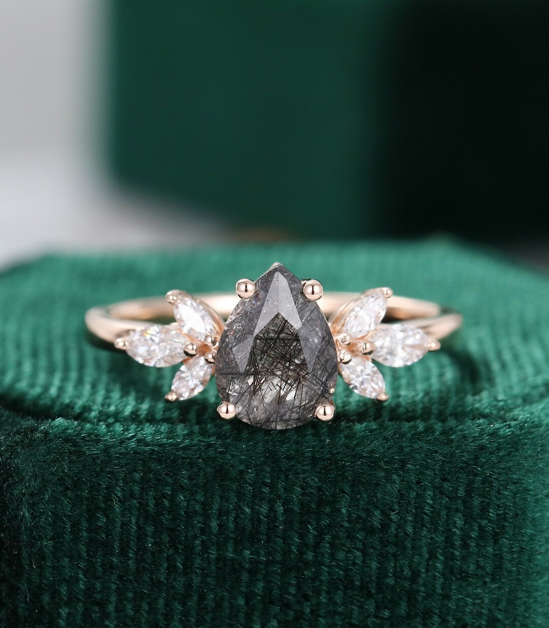 Black Rutilated Quartz Engagement Ring Vintage Pear Shaped Rose Gold ...