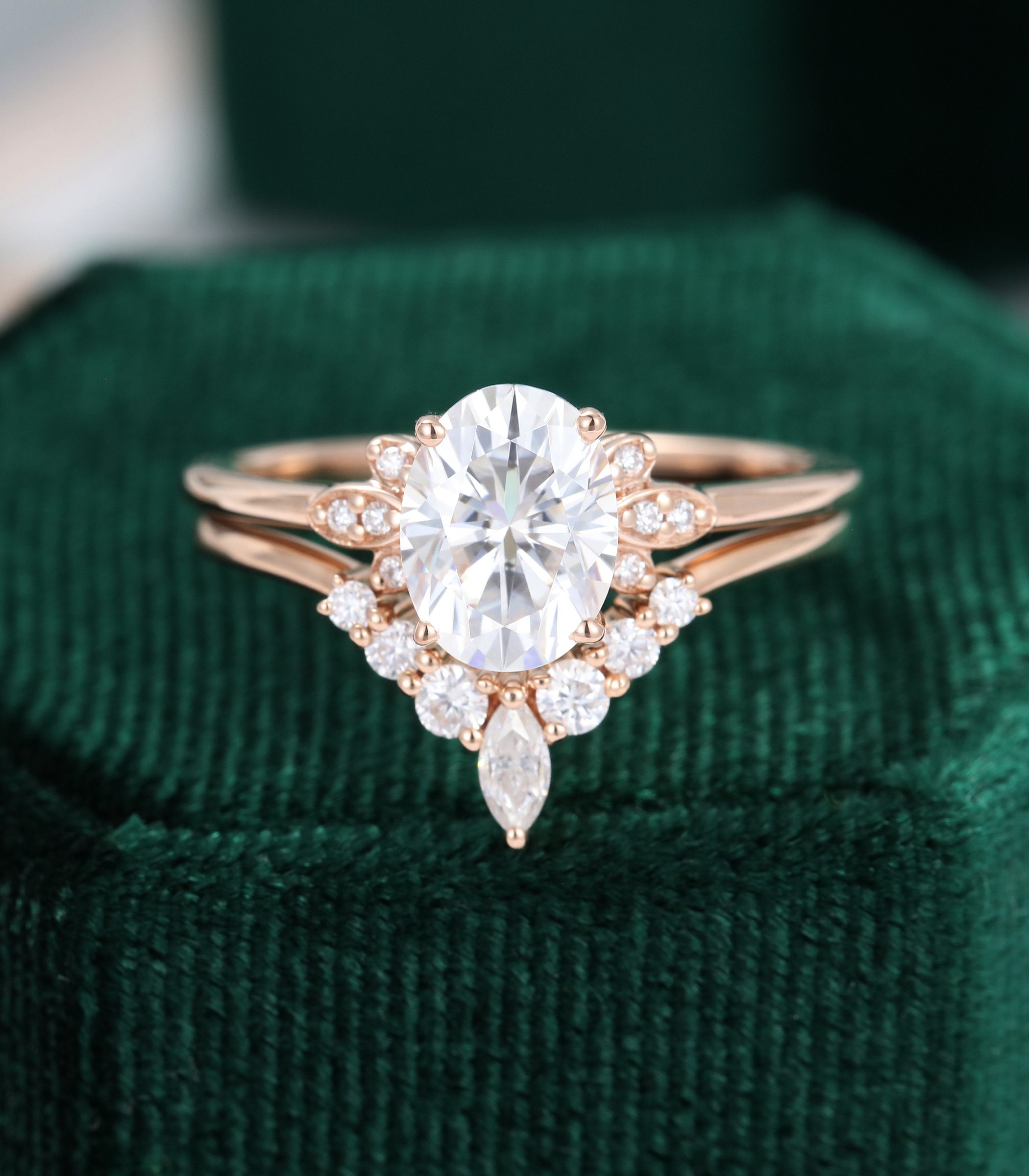 Oval Cut Moissanite Engagement Ring Set Vintage Rose Gold | Etsy