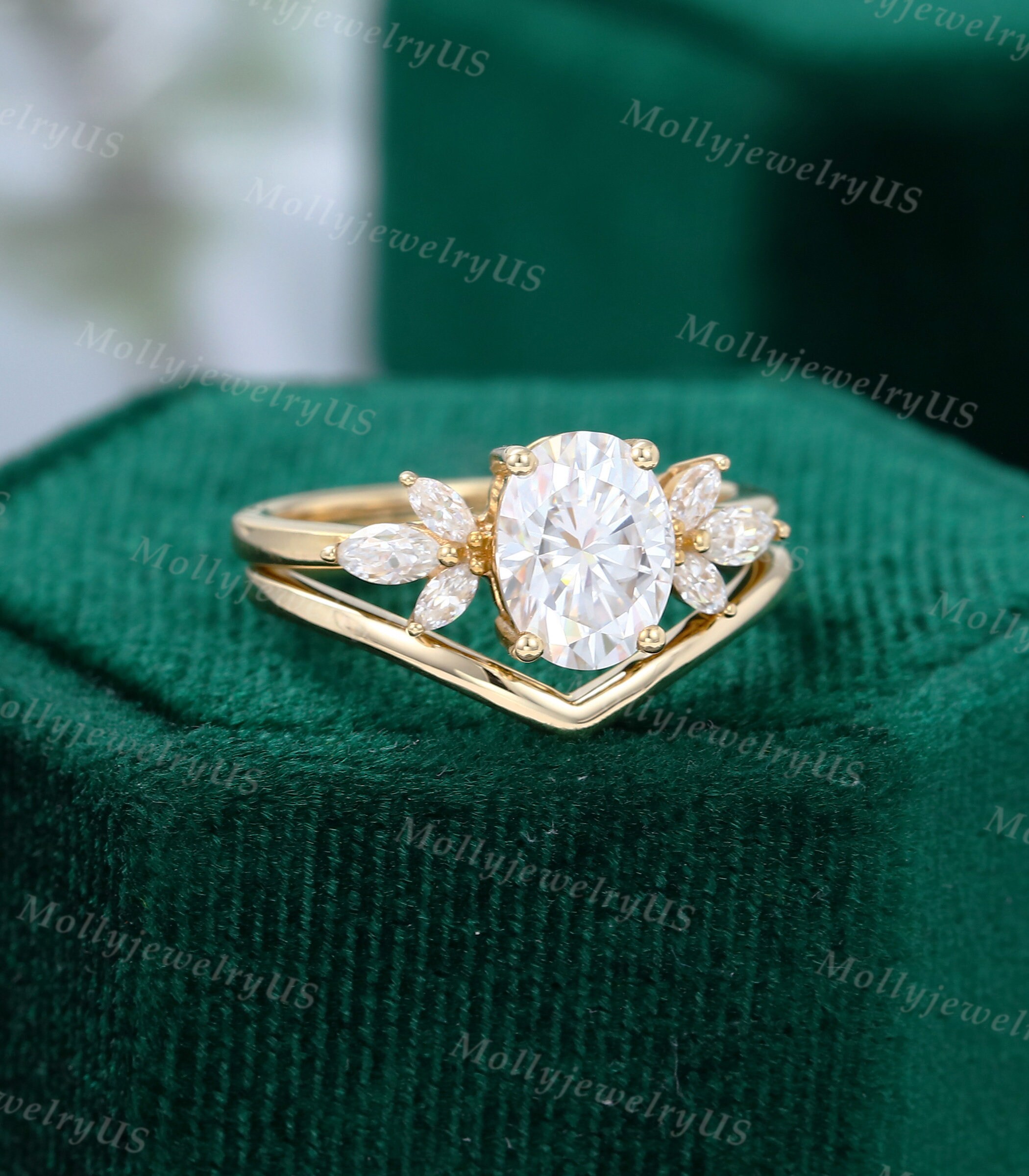 Oval Cut Moissanite Engagement Ring Set Vintage Unique Yellow Gold ...