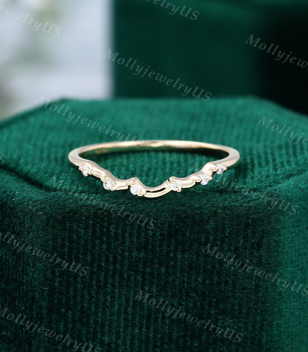 Curved Wedding Band Women Vintage Solid 14K Yellow Gold Diamond Branch ...