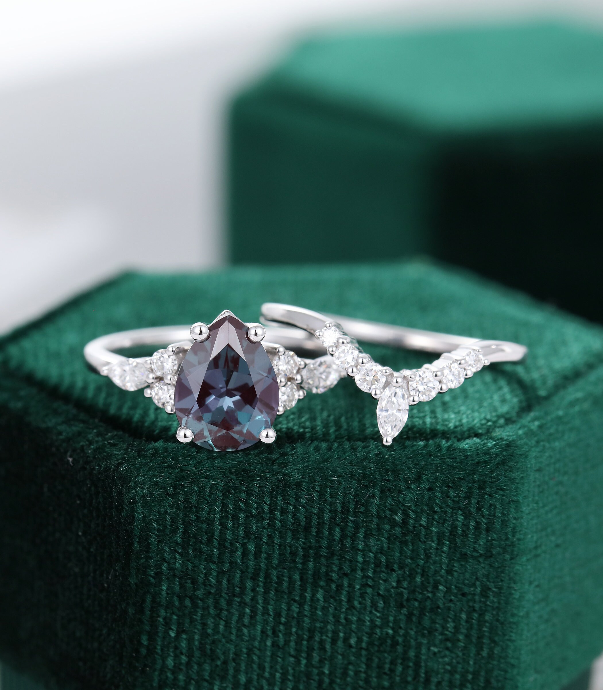 79mm Pear Shaped Alexandrite Engagement Ring Set Vintage | Etsy