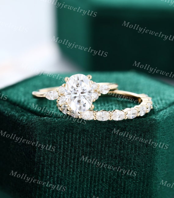 Oval Cut Moissanite Engagement Ring Set Vintage Yellow Gold Unique