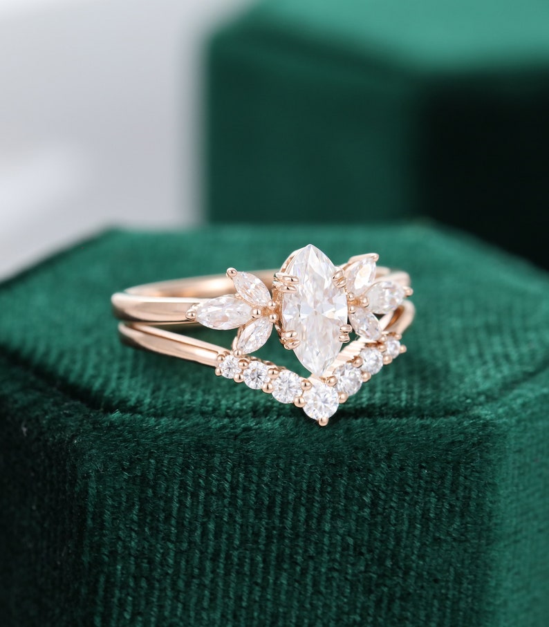 Marquise Cut Moissanite Engagement Ring Set Vintage Rose Gold | Etsy