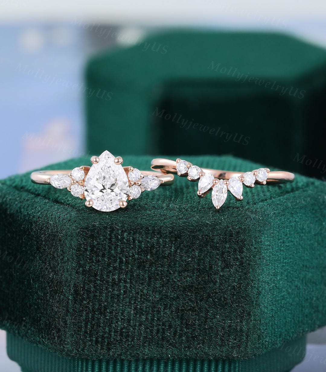 1 CT Pear Shaped IGI Certified Lab Grown Diamond Ring Set Vintage Rose ...