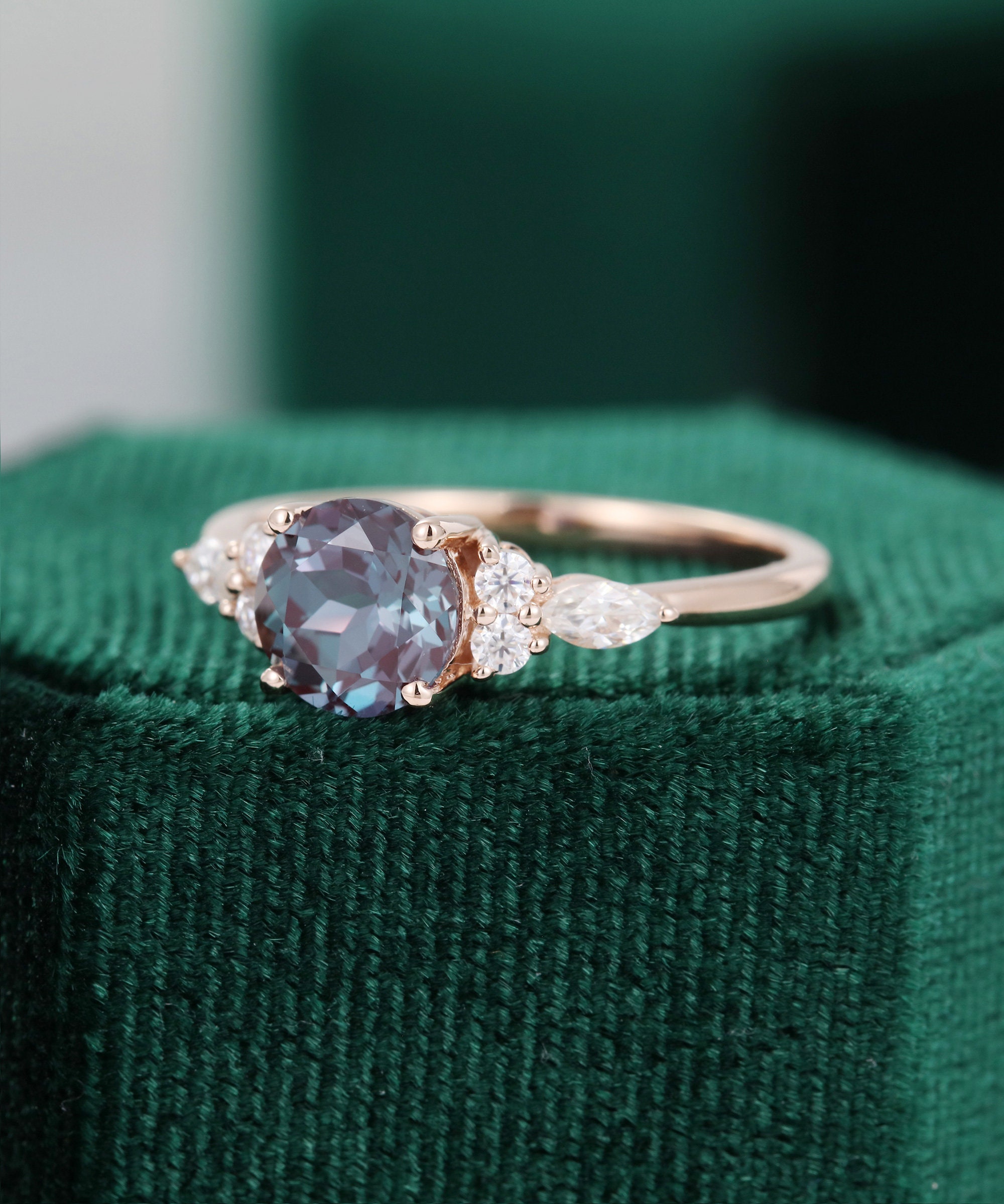 Alexandrite engagement ring rose gold Unique Cluster | Etsy