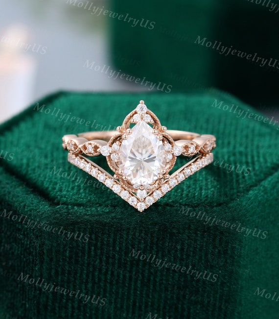 2pcs Pear Shaped Moissanite Engagement Ring Vintage Rose Gold - Etsy