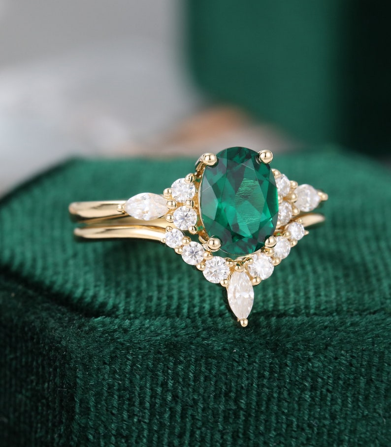 2PCS Oval Cut Emerald Engagement Ring Set Vintage Yellow Gold Etsy