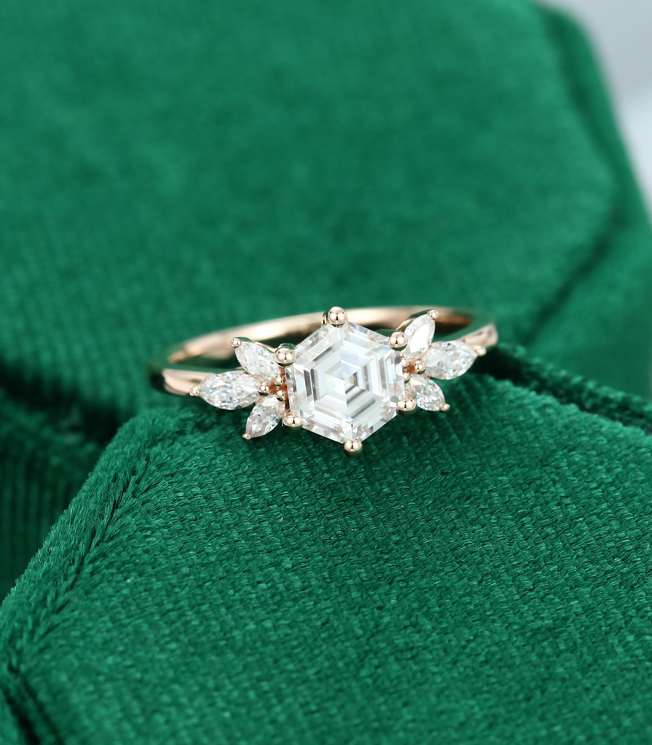 Hexagon cut Moissanite engagement ring rose gold vintage | Etsy