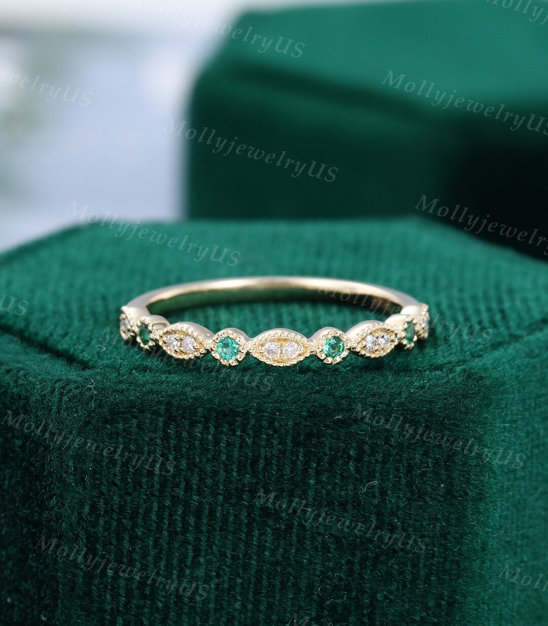 Half Eternity Moissanite Wedding Band Vintage Yellow Gold Unique