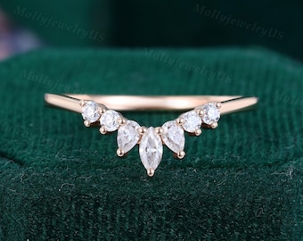 Curved wedding band women vintage rose gold Marquise cut Diamond Moissanite wedding band unique Pear shaped Bridal Stacking promise gift