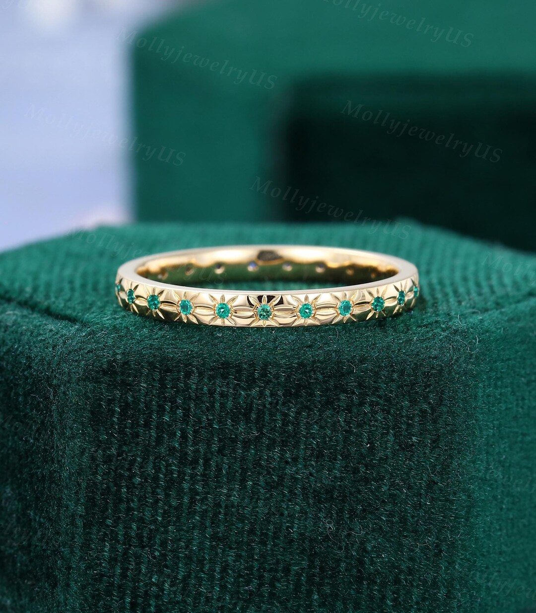 Antique Emerald Wedding Band Unique Yellow Gold Ring Full Eternity ...