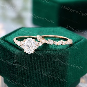 Oval Moissanite Engagement Ring Set Vintage Unique Yellow Gold - Etsy