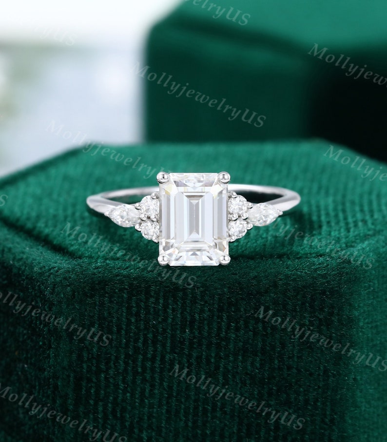 Emerald Cut Moissanite Engagement Ring Vintage White Gold - Etsy