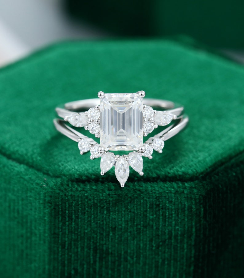 Emerald cut Moissanite engagement ring vintage Unique Bridal | Etsy