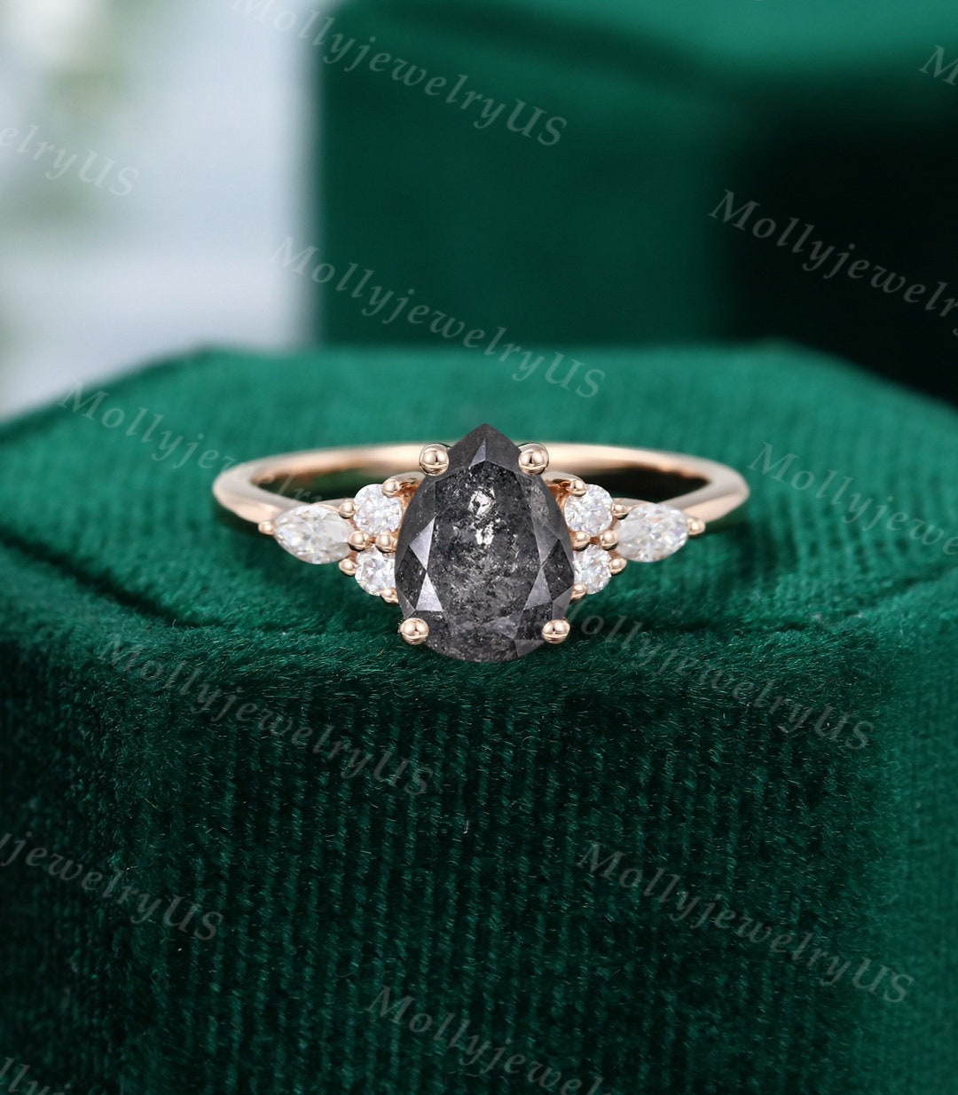 Vintage Pear Salt and Pepper Diamond Engagement Ring Unique Rose Gold