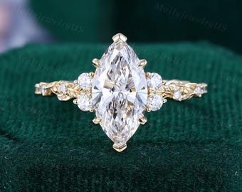 Anillo de compromiso de 1,5 quilates con diamantes cultivados en laboratorio, corte marquesa, certificado IGI, oro amarillo de 14 quilates, diseño de hojas inspirado en la naturaleza, joyería nupcial, regalo de promesa.