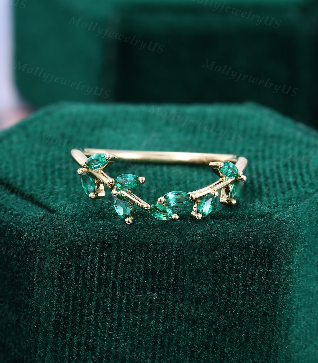 Marquise Cut Emerald Wedding Band Curved Yellow Gold Wedding Band Art