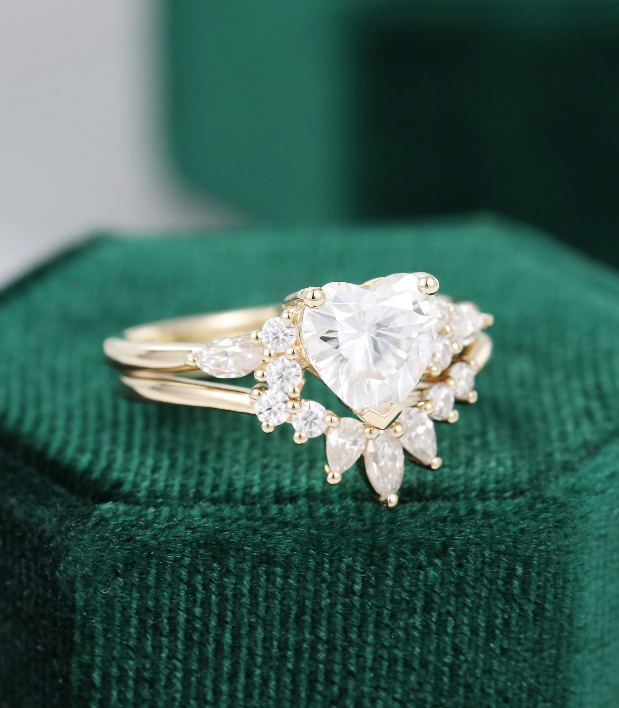 Heart Cut Moissanite Engagement Ring Set Vintage Unique Solid | Etsy