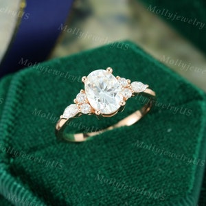 Oval Moissanite engagement ring vintage unique Cluster rose gold engagement ring women Marquise diamond wedding Bridal art deco Anniversary image 9