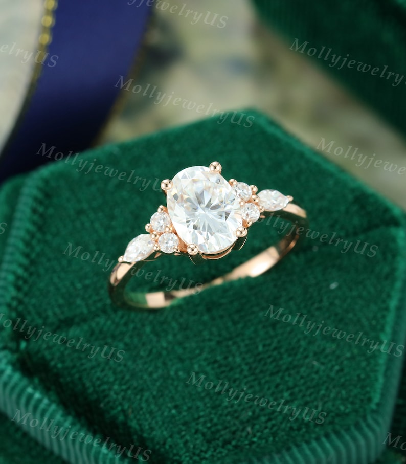 Oval Moissanite engagement ring vintage unique Cluster rose gold engagement ring women Marquise diamond wedding Bridal art deco Anniversary image 9