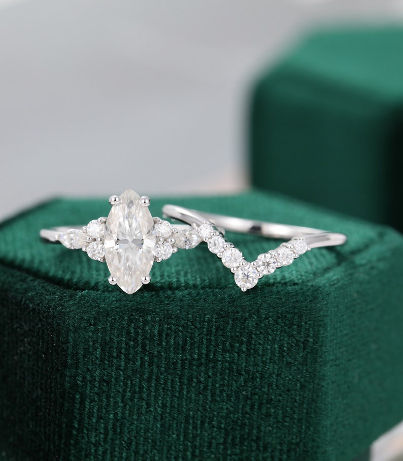 Marquise cut Moissanite engagement ring set vintage Bridal set | Etsy