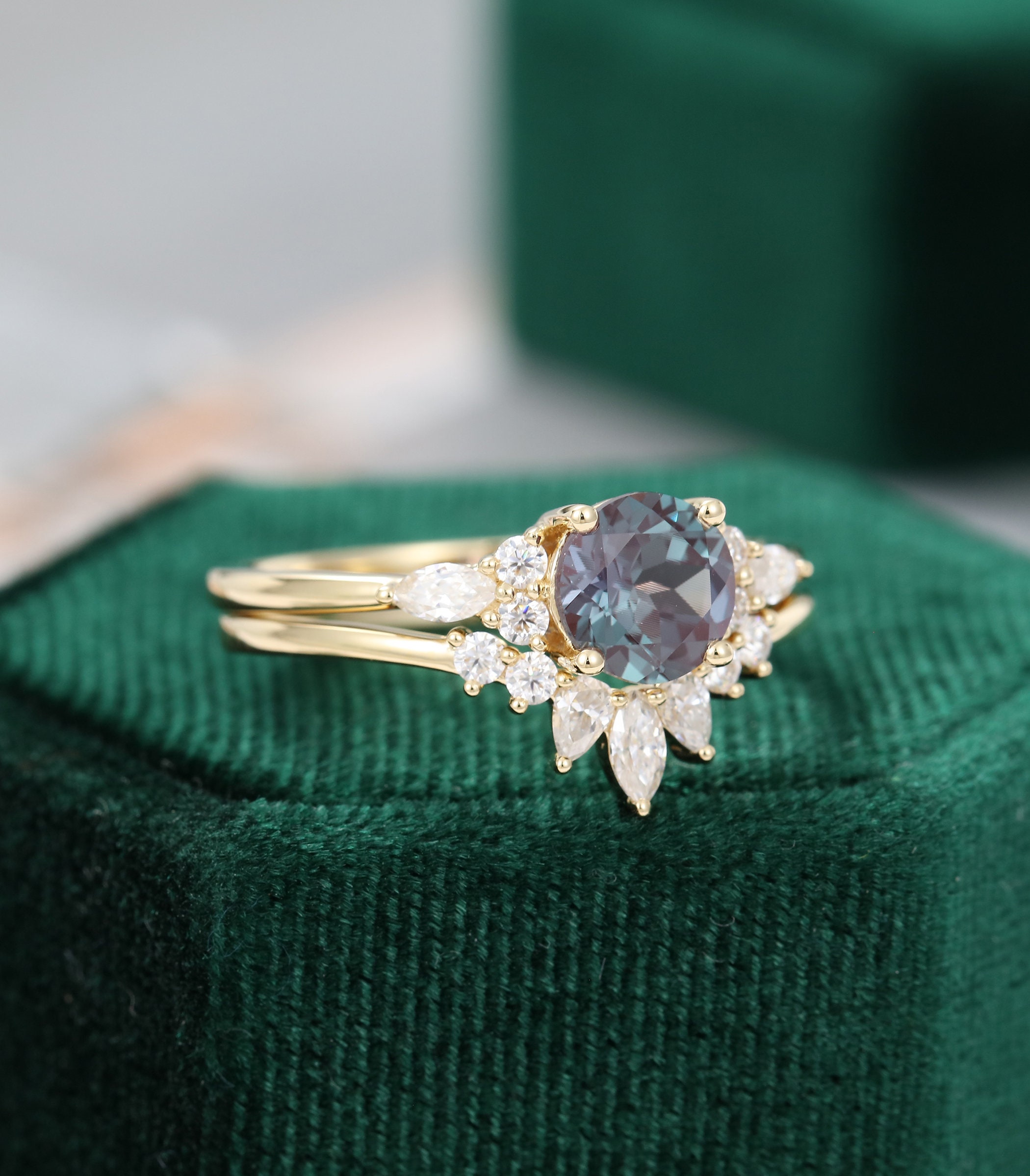 Alexandrite Engagement Ring Set Yellow Gold Unique Marquise - Etsy