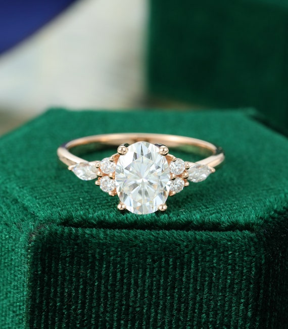 Oval moss agate engagement ring vintage unique Cluster rose gold engagement ring women Marquise diamond wedding Bridal art deco Anniversary