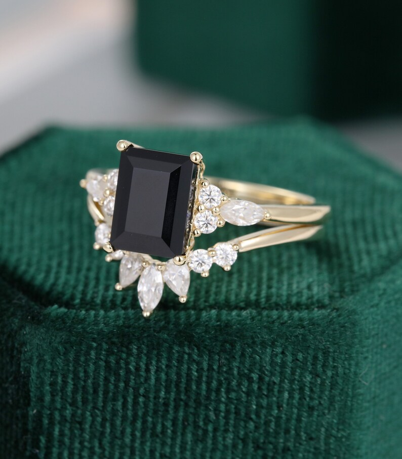 Emerald Cut Black Onyx Engagement Ring Set Vintage Unique Art - Etsy