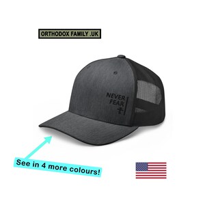 Orthodox Trucker Hat, Embroidered 'Never Fear' Tri Bar Cross Structured Cap, Breathable Mesh back, Comfortable All day Trucker Cap