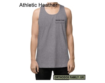 Camiseta regata ortodoxa masculina, resistente e ideal para academia, com a frase "Nunca tema - Lembre-se de Sharach, Meshach e Abednego".