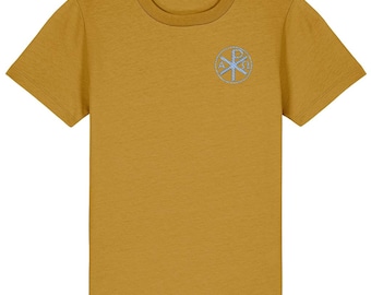 Orthodox kinder-T-shirt, chirho-borduursel, 100% biologisch katoen, lichtgewicht 155 gsm