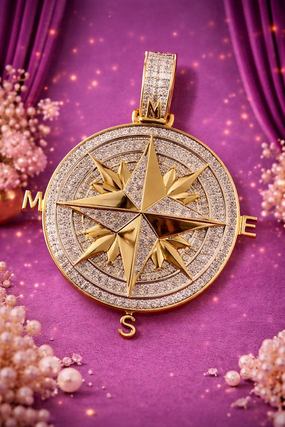 Moissanite Compass Pendant: 925 Sterling Silver 10K Yellow Gold Finish